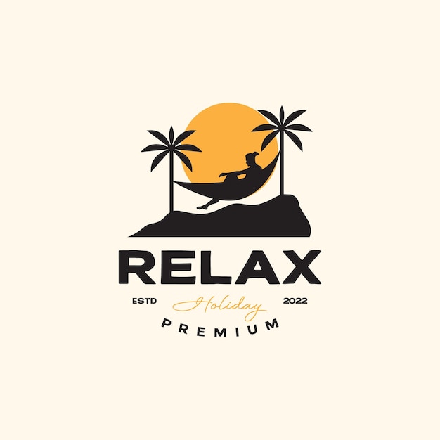 Vetor jovem relaxe praia coqueiro rede pôr do sol férias ícone de design de logotipo vintage ilustração vetorial