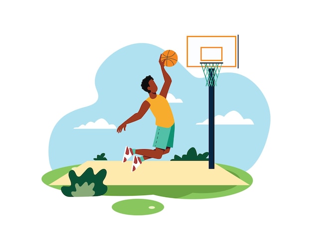 Vetor jovem saltando jogando basquete no parque design de estilo de vida ativo para conceito de esporte