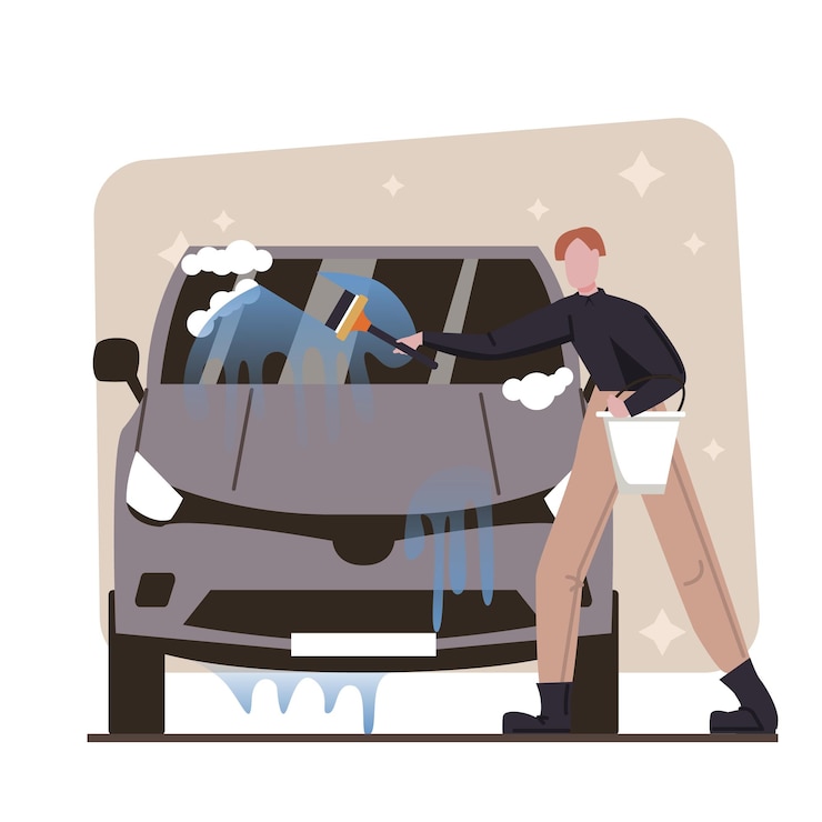Vetor jovem segurando balde e lavando carro com espuma