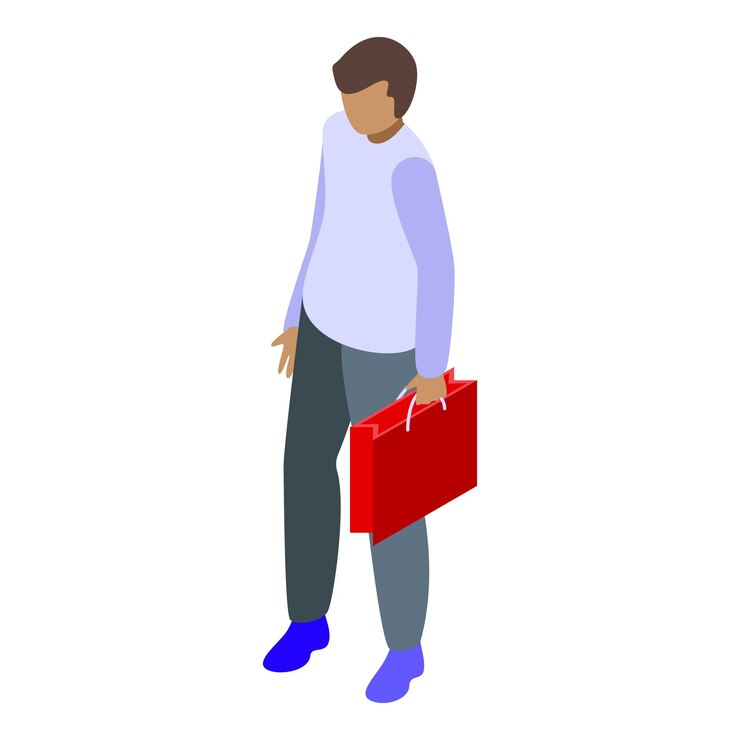 Vetor jovem segurando saco de compras ícone isométrico