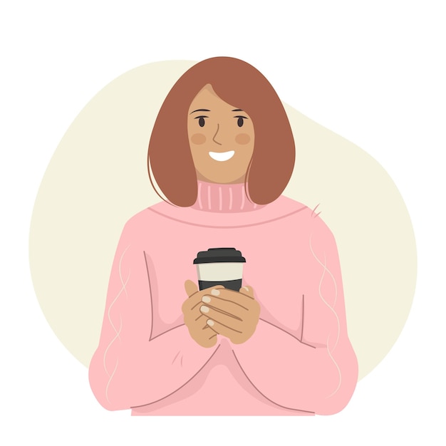 Jovem segurando um copo de papel de café. Ilustração vetorial.