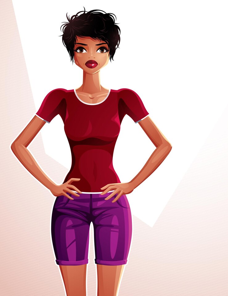 Vetor jovem senhora muito bronzeada com as mãos nos quadris. ilustração em vetor de uma mulher em pé, retrato de corpo inteiro.