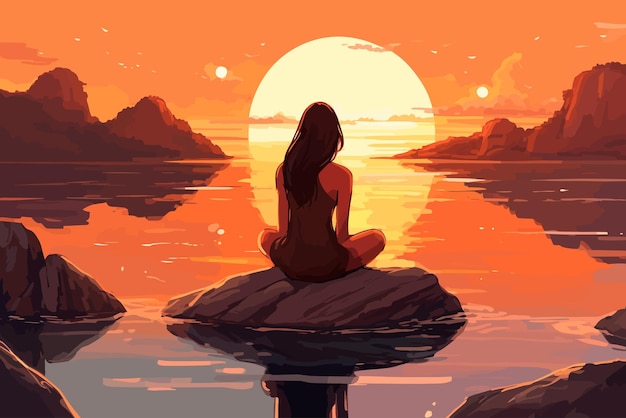 Vetor jovem sentada nas rochas relaxando e curtindo a ilustração romântica do pôr do sol