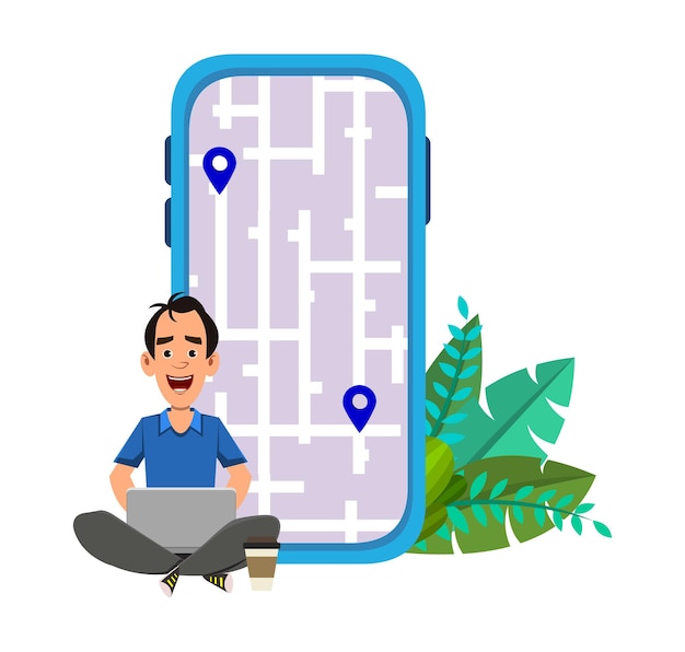 Jovem sentado ao ar livre ou verificando rotas e localização. usando computador e aplicativo móvel com mapa.