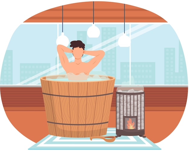 Jovem sentado na banheira Bathhouse ou banya em casa design de interiores Homem sexy em barril está descansando na sauna Personagem masculino em vapor quente Pessoa limpa a pele em água aquecida por dispositivo de fogo na sauna