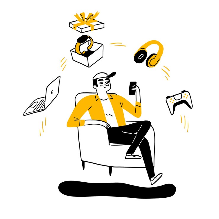 Vetor jovem sentado no sofá usando smartphone para encomendar produtos online