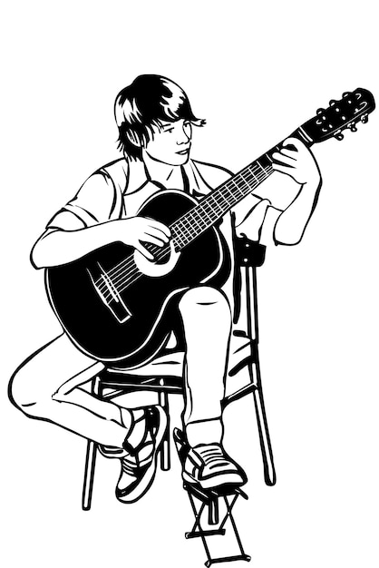 Jovem sentado no violão toca música