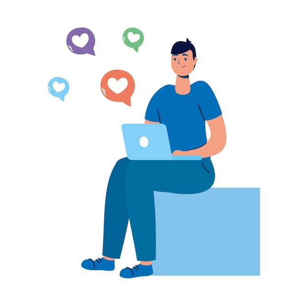 jovem sentado usando laptop e ícones de mídia social.