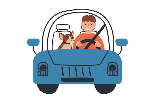 Jovem sorridente com cão no carro indo em viagem Ilustração vetorial de viajar com animais de estimação