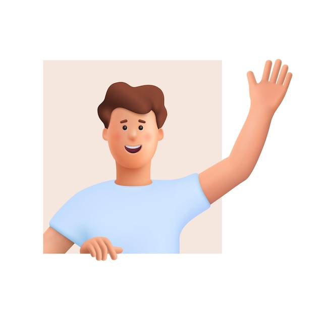 Vetor jovem sorridente com gesto de saudação dizendo olá, oi ou tchau e acenando com a mão ilustração de personagem de pessoas em vetor 3d estilo minimalista de desenho animado