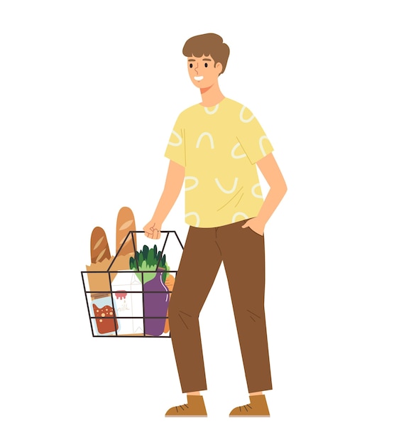 Vetor jovem sorridente de pé e segurando a cesta de supermercado cheia de alimentos