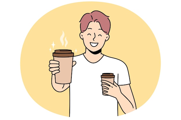 Jovem sorridente oferece café em copo para levar