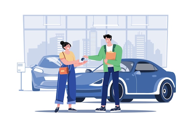 Jovem sorridente recebendo a chave de um carro novo