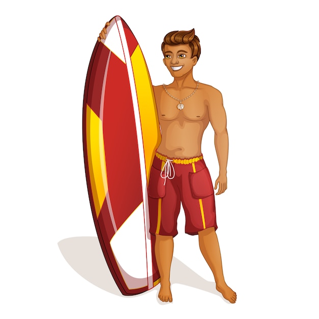 Jovem surfista masculina com uma prancha de surf.