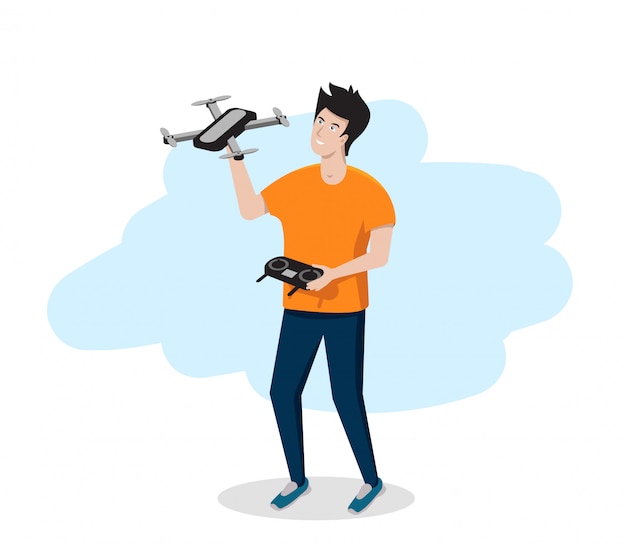 Vetor jovem tem um drone ou quadrocopter nas mãos.