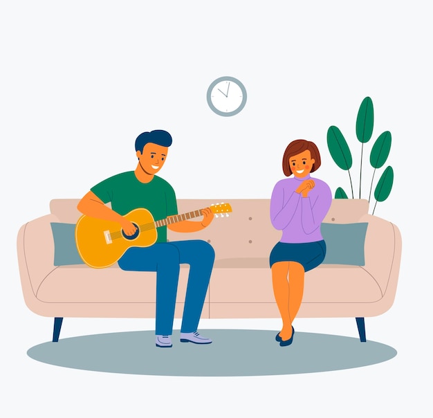 Jovem tocando violão para uma garota no sofá na sala de estar ilustração em vetor estilo plano