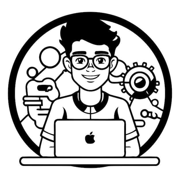 Vetor jovem trabalhando em um laptop ilustração vetorial em um estilo plano