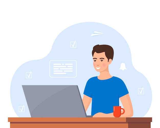 Jovem trabalhando no laptop no escritório em casa Freelancer no trabalho remoto