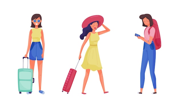 Jovem turista com bagagem envolvida em viajar em um conjunto de vetores de férias