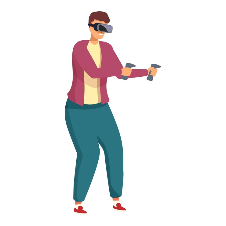 Vetor jovem usando fone de ouvido de realidade virtual brincando com controladores
