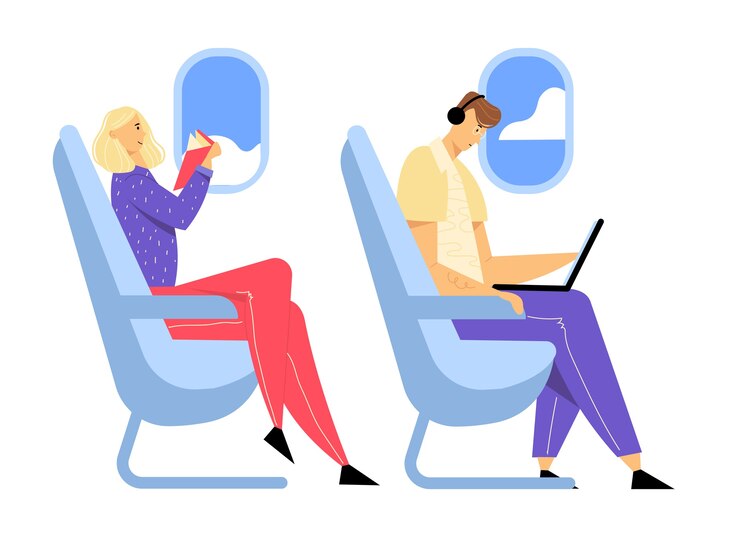 Vetor jovem usando fone de ouvido sentado no assento confortável do avião e trabalhando no laptop