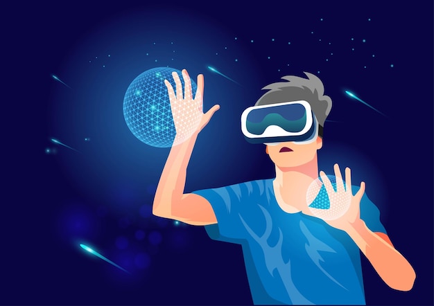 Jovem usando óculos VR com dedo de toque holográfico Painel virtual em fundo de trabalho digital ilustração vetorial de desenho animado