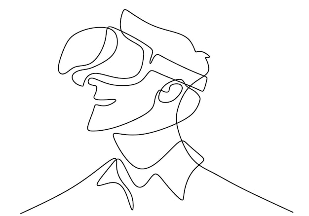 Jovem usando óculos vr um desenho de linha contínua um jovem usa realidade virtual do dispositivo de óculos ao jogar em casa estilo de minimalismo de arte de linha desenhada à mão ilustração vetorial