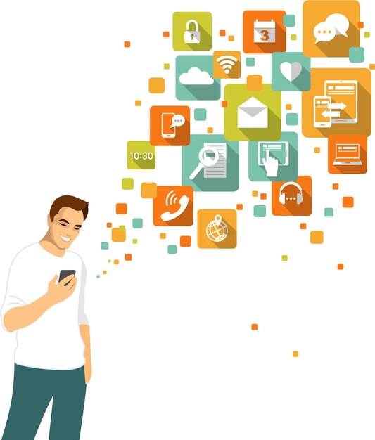 Jovem usando smartphone em sua mão Conjunto de ícones de tecnologia da Internet acima dele