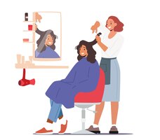 Vetor jovem visitando salão de beleza cabeleireiro mestre fazendo corte de cabelo para menina cortando cabelo com tesoura na frente do espelho