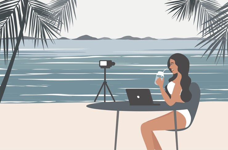 Vetor jovem vlogger fazendo conteúdo e gravando vídeo na ilustração vetorial de mídia social influenciador