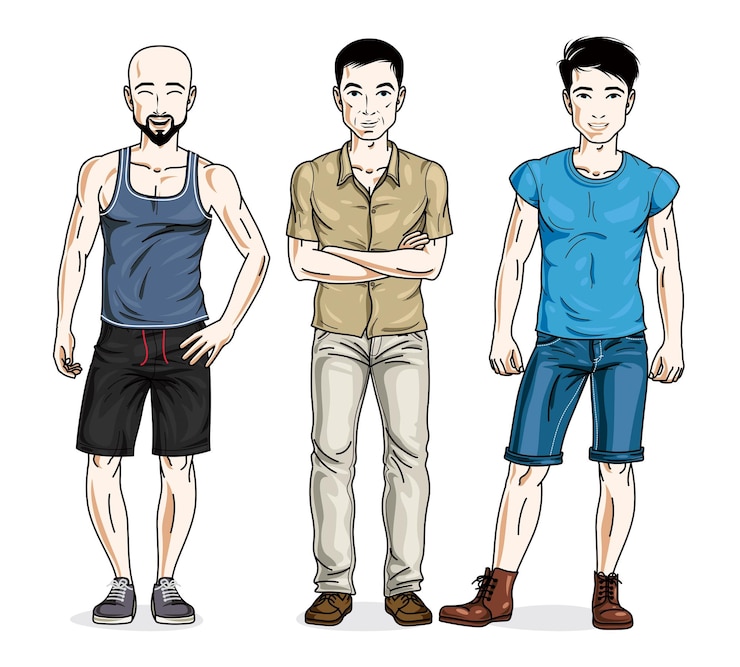 Vetor jovens bonitos posando em elegantes roupas casuais. conjunto vetorial de ilustrações de pessoas bonitas.