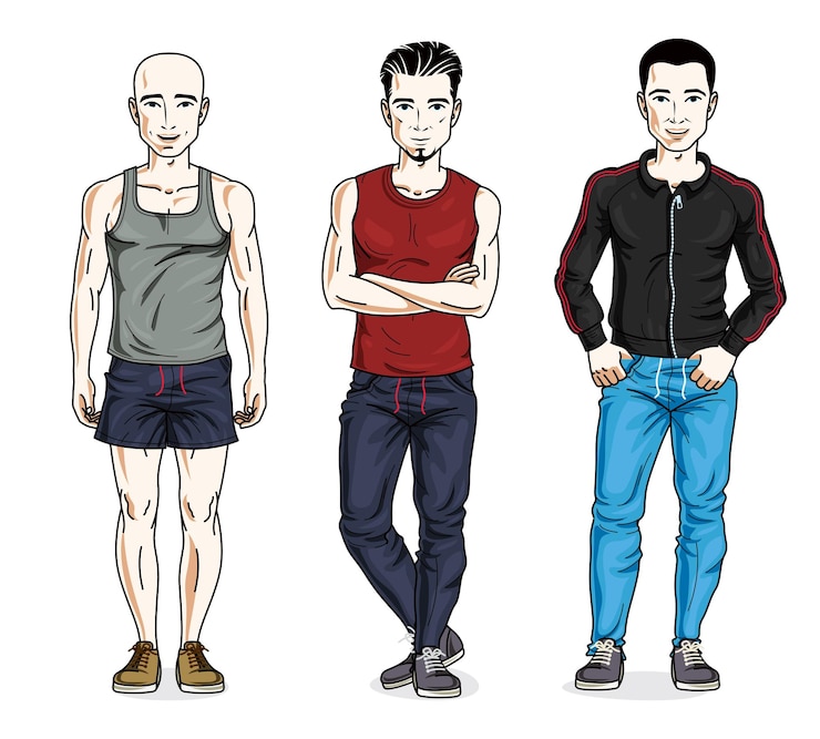 Vetor jovens bonitos posando em roupas esportivas elegantes, esportistas e pessoas de fitness. conjunto de ilustrações de pessoas vetoriais. personagens masculinos do tema estilo de vida.