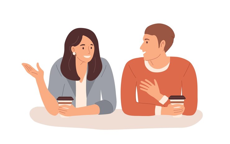 Vetor jovens com bebidas quentes conversando durante a pausa para o café. sorrindo, homem e mulher conversando. ilustração em vetor plana colorida isolada no fundo branco.