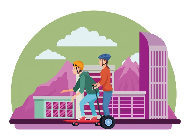 Jovens com skate e scooter elétrico