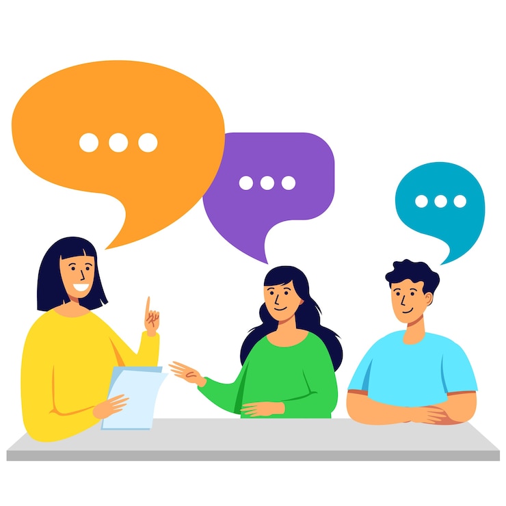 Vetor jovens conversam e discutem à mesa