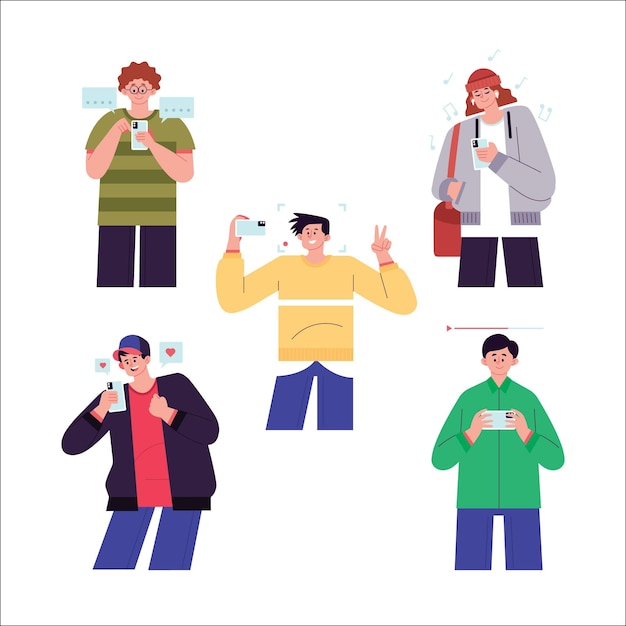 Jovens desenhados à mão plana usando ilustração de smartphones