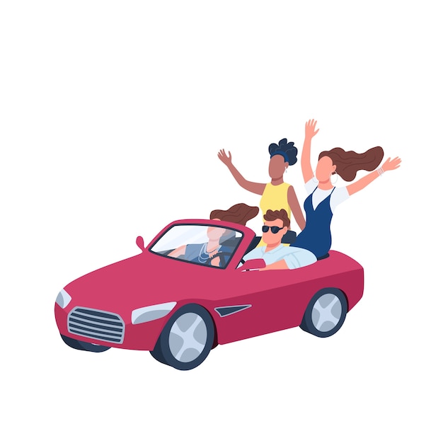 Vetor jovens dirigindo o personagem sem rosto de cor plana de carro conversível vermelho. homem no carro rodeado de mulheres. saindo. ilustração isolada dos desenhos animados para web design gráfico e animação