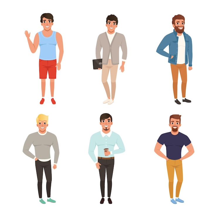 Vetor jovens elegantes e à moda vestindo roupas modernas, set de ilustrações vetoriais de desenhos animados