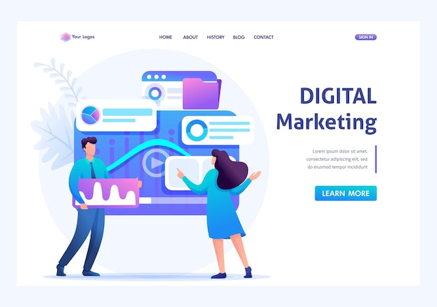Jovens empreendedores insistem em dados para publicidade de marketing digital na Internet Flat 2D Character Conceitos de página de destino e web design