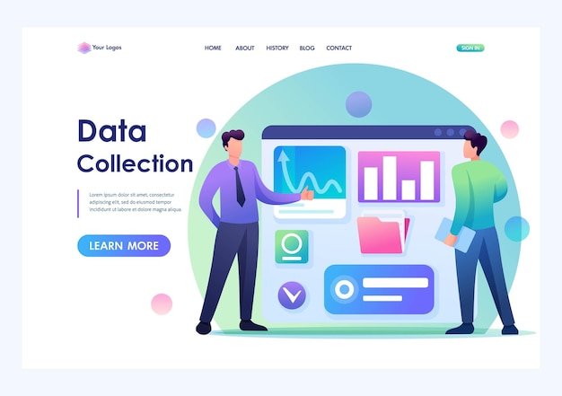 Jovens empresários coletam dados na internet conceito de coleta de dados caractere 2d plano conceitos de página de destino e web design