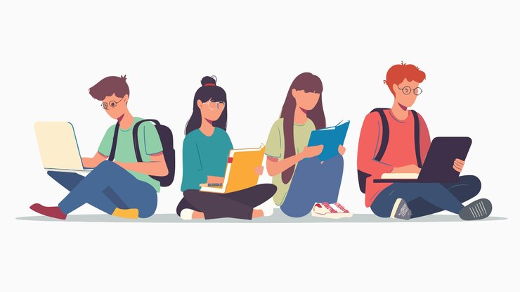 Vetor jovens estudando juntos isolados em um fundo branco