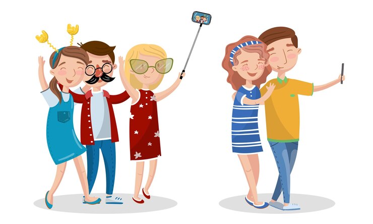 Vetor jovens fazendo retratos de selfie com um conjunto vetorial de smartphones
