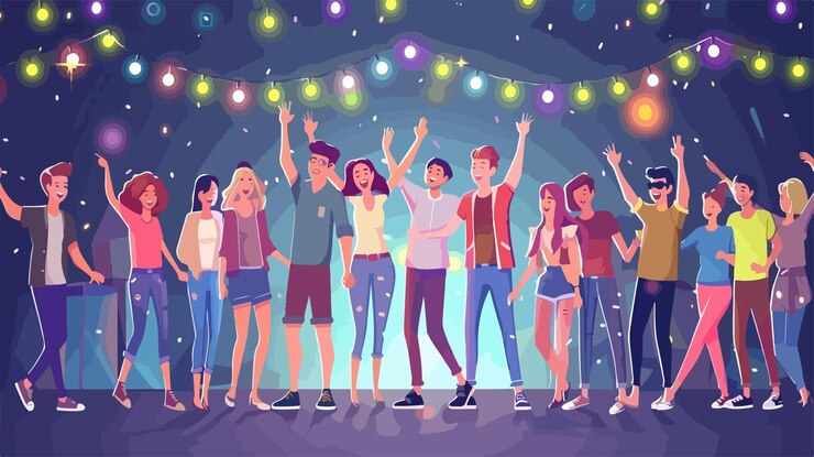Vetor jovens felizes celebrando e dançando em uma festa