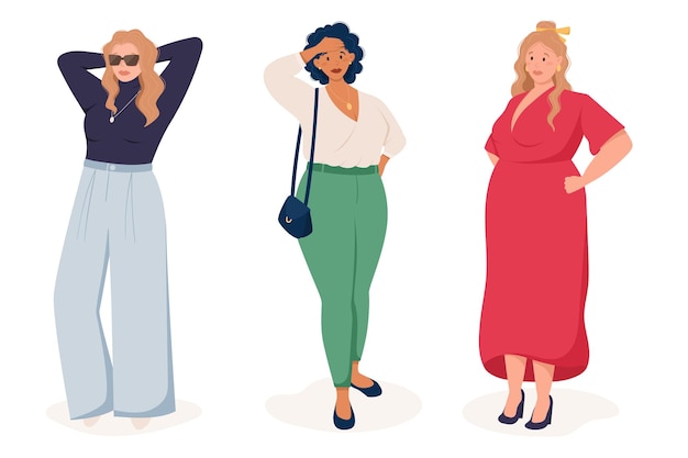 Vetor jovens gordas mulheres elegantes em roupas casuais vetor ilustração isolada