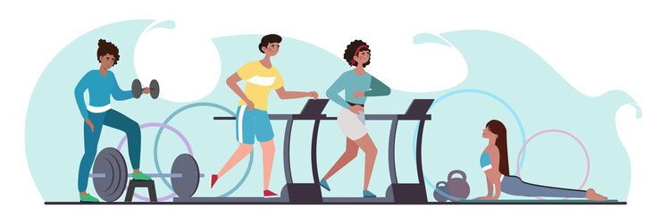 Vetor jovens homens e mulheres atletas fazendo exercícios no ginásio pessoas desportivas levantando halteres jogando em