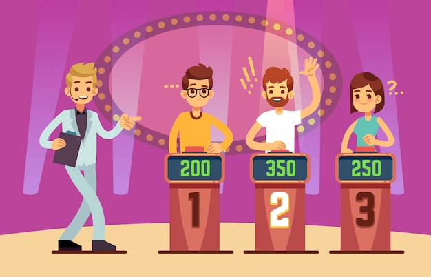 Vetor jovens inteligentes que jogam o jogo do quiz show. ilustração dos desenhos animados