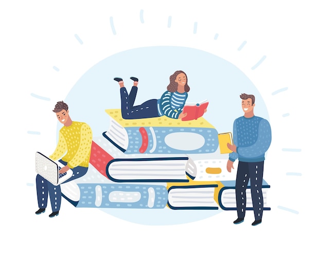 Jovens leitores vestidos e pilha de livros gigantes. Leitura fãs de literatura