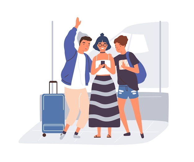Jovens modernos tomando selfie no aeroporto. amigos felizes com bagagem falando por videochamada no smartphone antes de viajar. ilustração em vetor plana isolada no fundo branco.