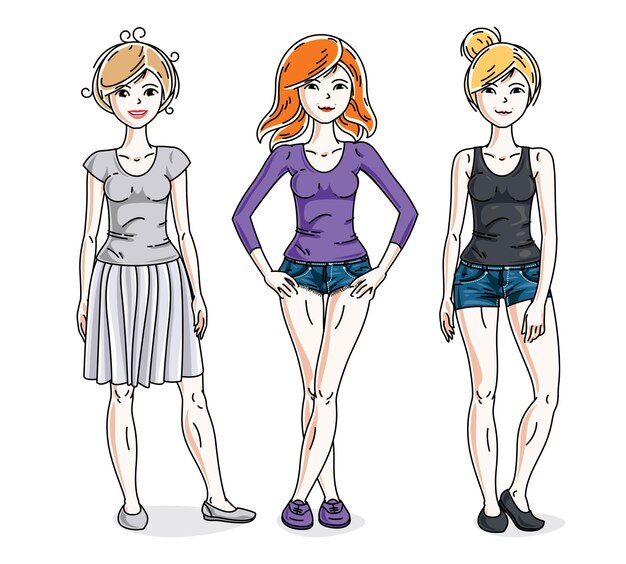 Vetor jovens mulheres bonitas agrupam-se vestindo roupas casuais. conjunto de caracteres do vetor. desenhos animados temáticos de moda e estilo de vida.