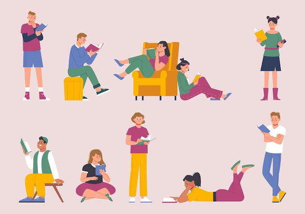 Jovens multiculturais lendo livros Homem mulher lendo segurando livros Leitores estudante na biblioteca Personagens vetoriais esplêndidos educacionais